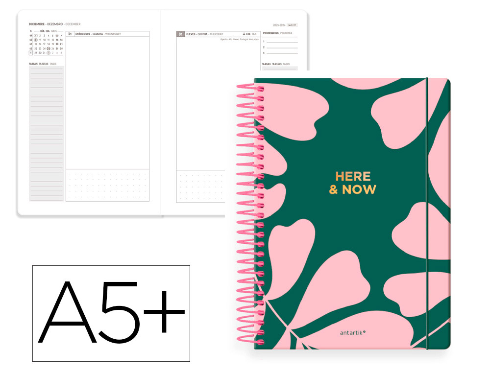 AGENDA ESPIRAL ANTARTIK HERE AND NOW A5+ 2026 DIA PAGINA VERDE PAPEL 80 GR FSC