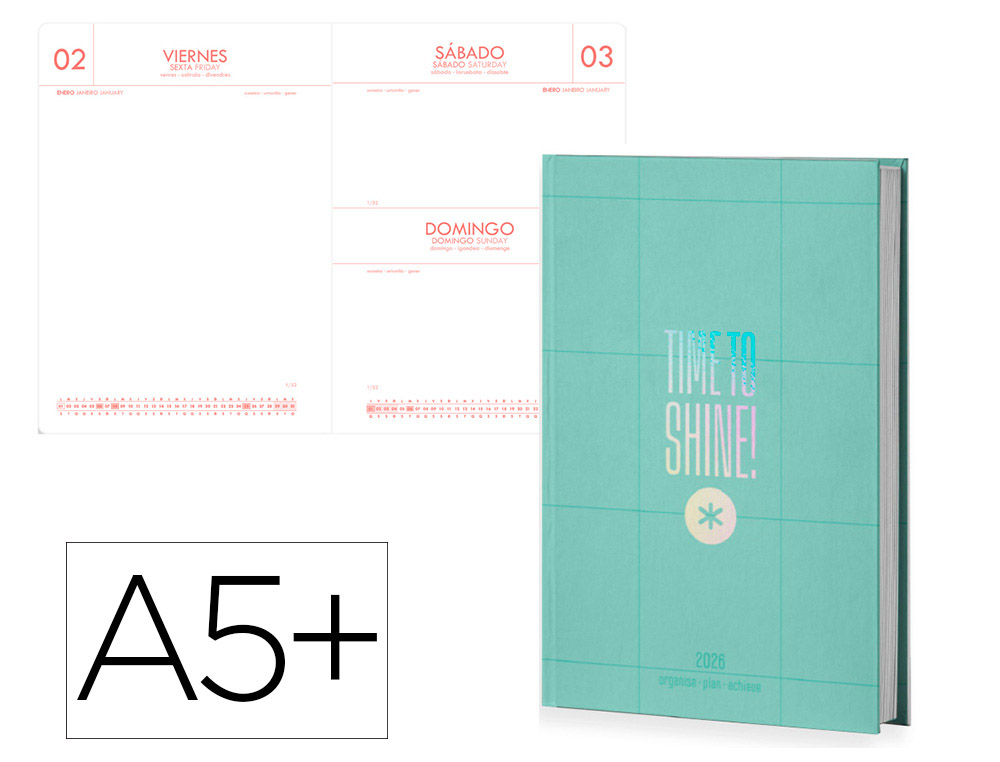 AGENDA ENCADERNADA ANTARTIK TIME TO SHINE A5+ 2026 DIA PAGINA VERDE PAPEL 80 GR FSC