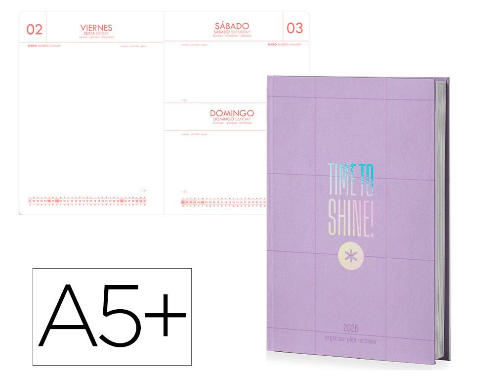 AGENDA ENCADERNADA ANTARTIK TIME TO SHINE A5+ 2026 DIA PAGINA ROXO PAPEL 80 GR FSC