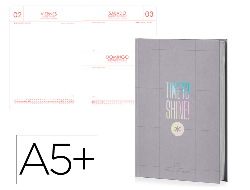 AGENDA ENCADERNADA ANTARTIK TIME TO SHINE A5+ 2026 DIA PAGINA CINZA PAPEL 80 GR FSC