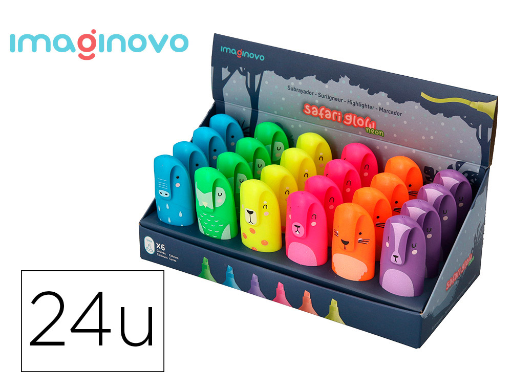 MARCADOR FLUORESCENTE IMAGINOVO SAFARI GLOW NEON ANIMAIS E CLIP EXPOSITOR DE 24 UNIDADES SORTIDAS
