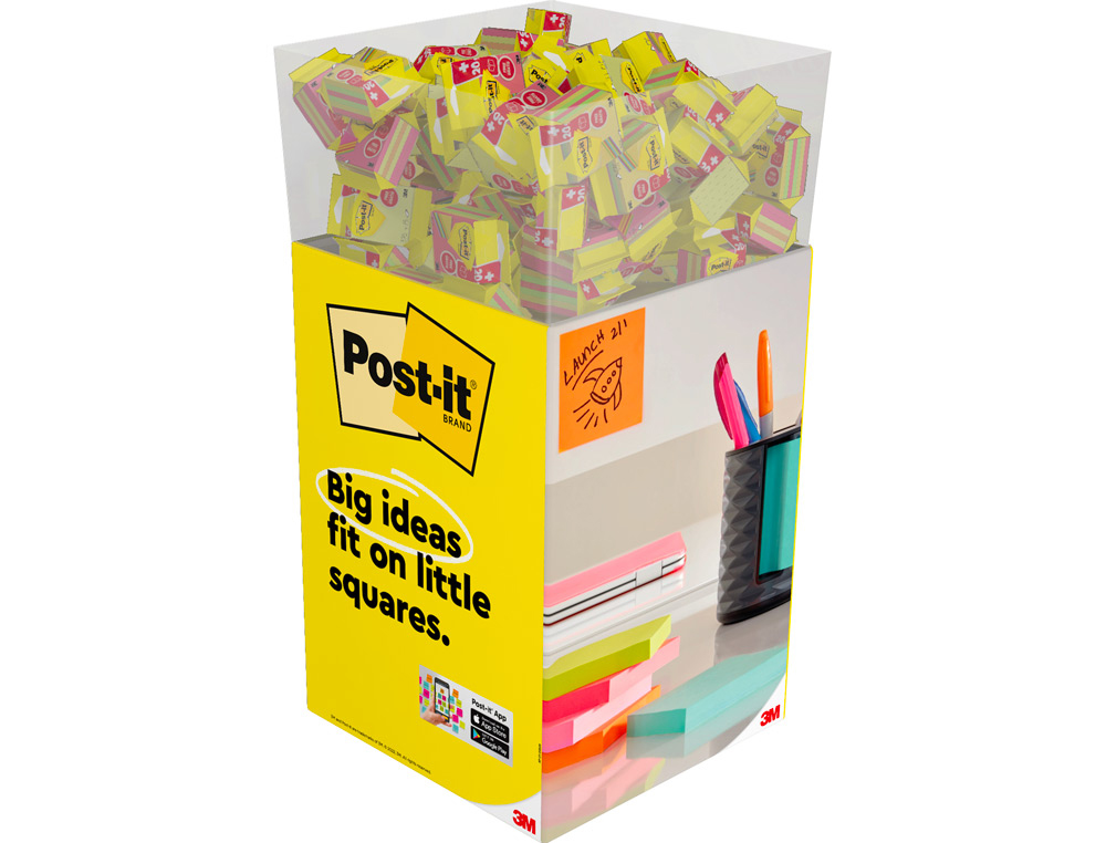BLOCO DE NOTAS ADESIVAS POST-IT CUBO 76X76 MM EXPOSITOR CHAO DE 96 UNIDADES SORTIDAS 400X400X900 MM