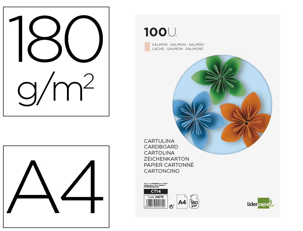 CARTOLINA LIDERPAPEL DIN A4 180 GR SALMAO PACK DE 100 UNIDADES