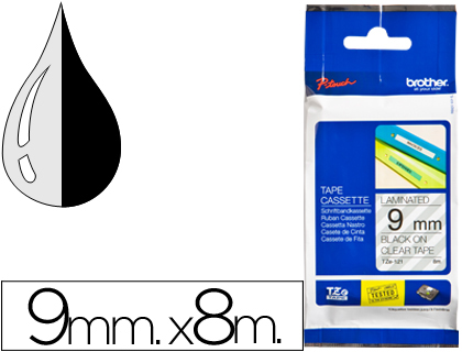 FITA BROTHER TZ-121 LAMINADA TRANSPARENTE-PRETO 9MM X 8M