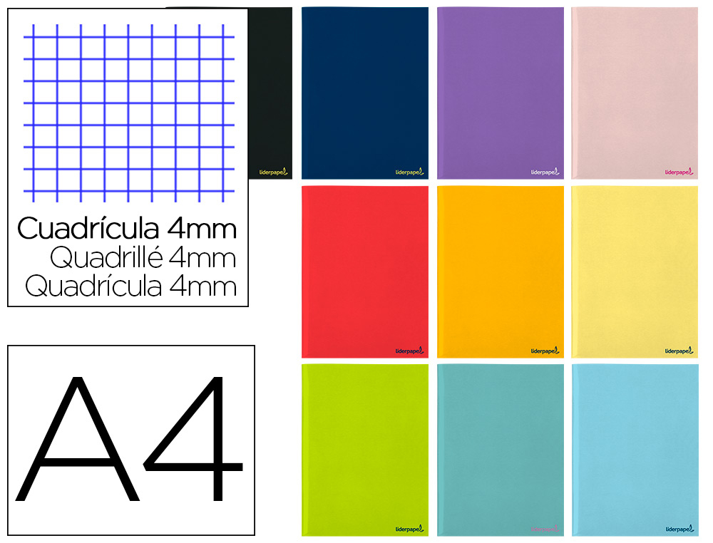 CADERNO ESCOLAR AGRAFADO LIDERPAPEL 80 FOLHAS DIN A4 QUAD 60 GR CORES SORTIDAS