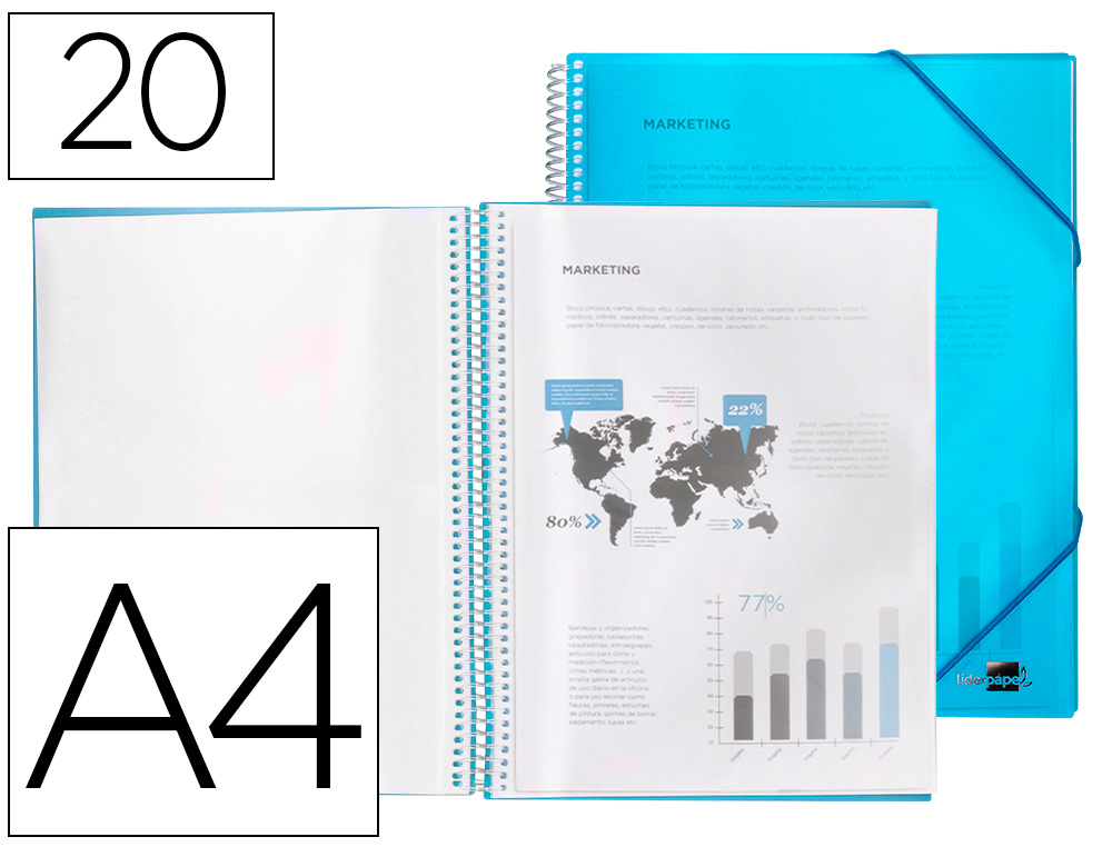 CAPA CATALOGO LIDERPAPEL COM ESPIRAL 20 BOLSAS POLIPROPILENO DIN A4 AZUL