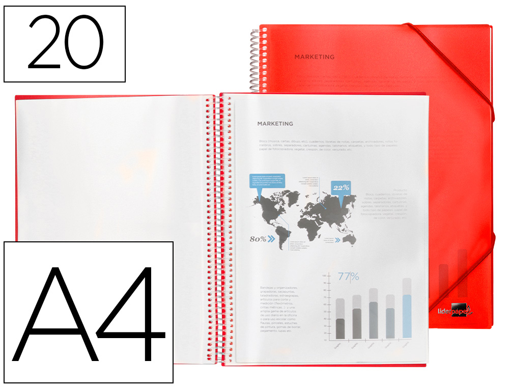 CAPA CATALOGO LIDERPAPEL COM ESPIRAL 20 BOLSAS POLIPROPILENO DIN A4 VERMELHO