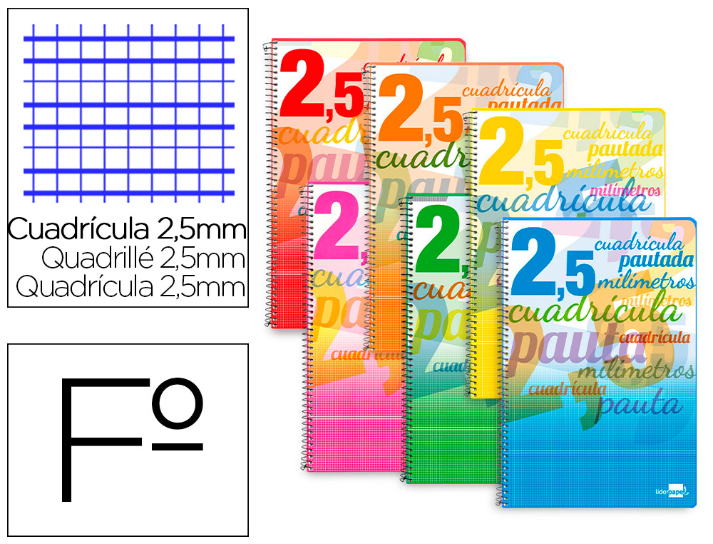 BLOC ESPIRAL LIDERPAPEL TAPA EXTRADURA FOLIO 80 HOJAS CUADRICULADO PAUTADO 2,5 MM 70 GRS CON MARGEN COLORES