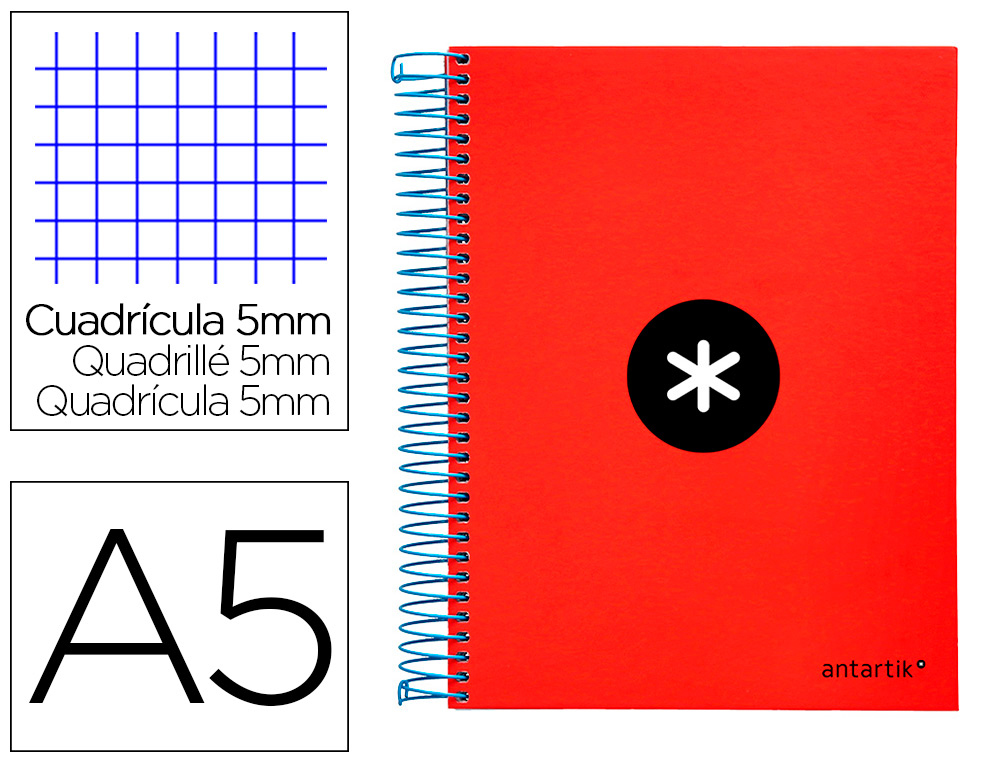 CADERNO ESPIRAL DIN A5 ANTARTIK CAPA FORRADA 120 F 100 GR QUADRICULA 5 MM 5 BANDAS DE CORES COR VERMELHO