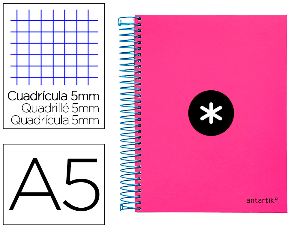 CADERNO ESPIRAL DIN A5 ANTARTIK CAPA FORRADA 120 F 100 GR QUADRICULA 5 MM 5 BANDAS DE CORES COR ROSA F.