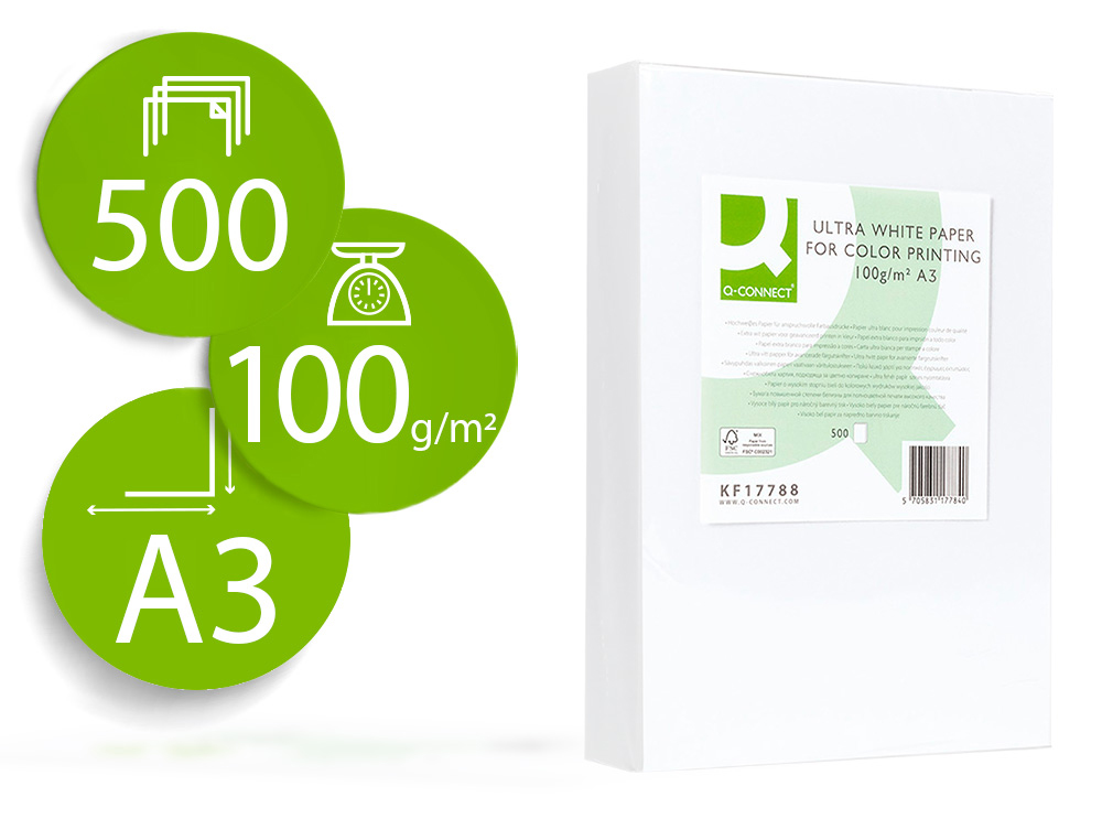 PAPEL FOTOCOPIA ULTRA WHITE Q-CONNECT DIN A3 100 GR EMBALAGEM DE 500 FOLHAS