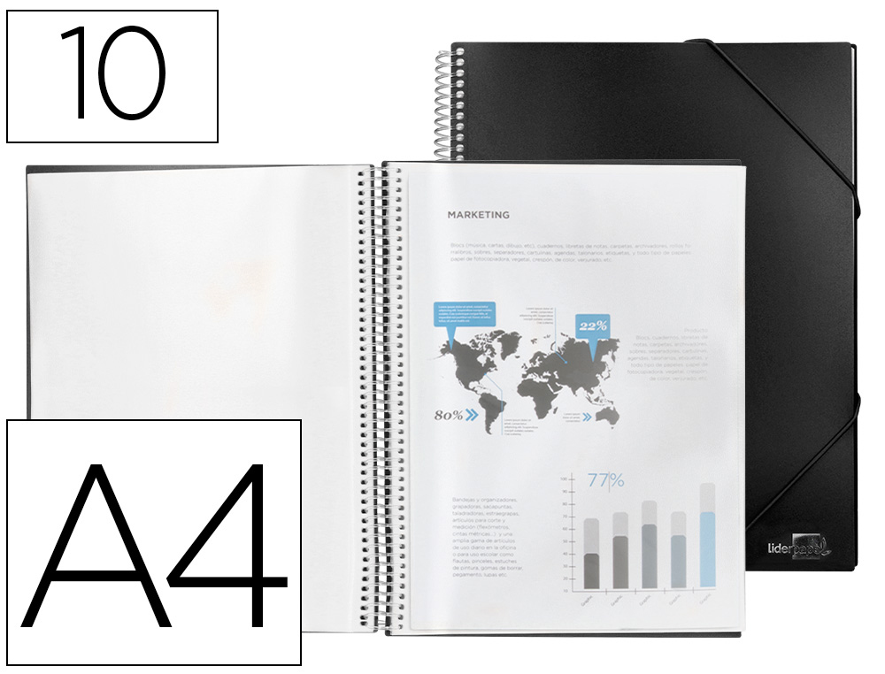 CAPA CATALOGO LIDERPAPEL COM ESPIRAL 10 BOLSAS POLIPROPILENO DIN A4 PRETO