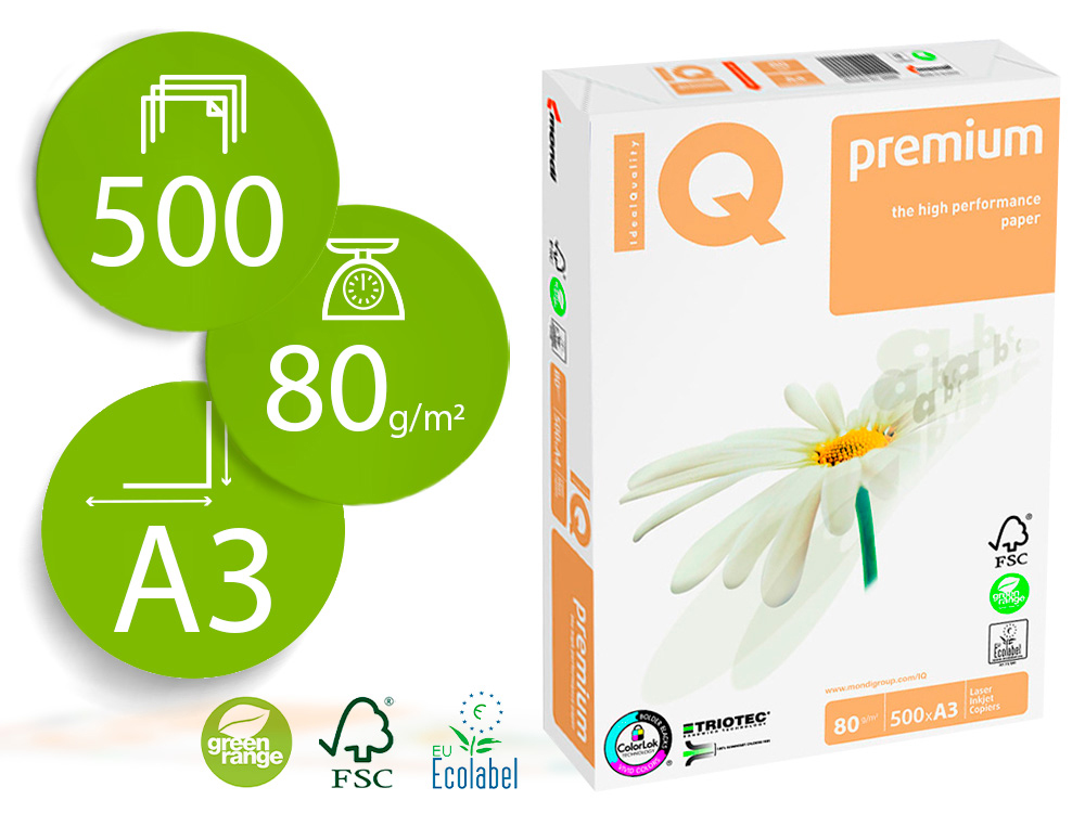 PAPEL FOTOCOPIA IQ PREMIUM DIN A3 80 GR EMBALAGEM DE 500 FOLHAS