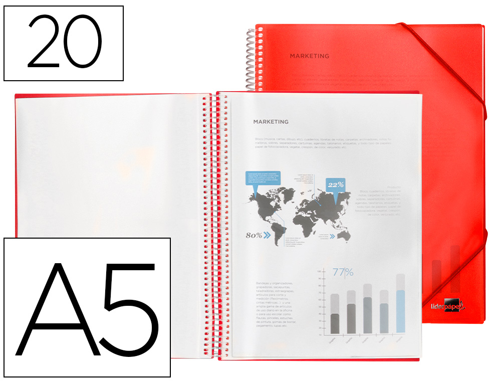 CAPA CATALOGO LIDERPAPEL COM ESPIRAL 20 BOLSAS POLIPROPILENO DIN A5 VERMELHA