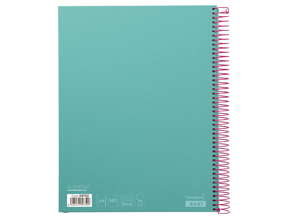 CADERNO ESPIRAL LIDERPAPEL JOLLY MICRO DIN A4 CAPA FORRADA 140 F 75 GR QUADRICULA 5MM 5 BANDAS DE CORES 4 FUROS COR TURQ