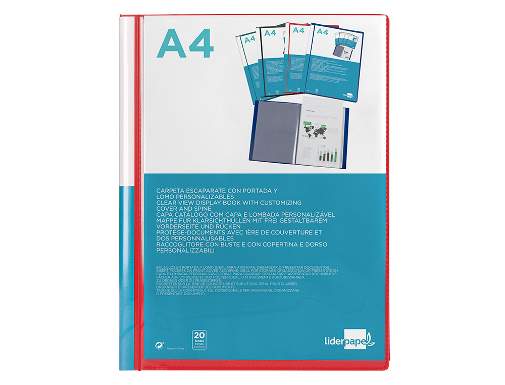 CAPA CATALOGO LIDERPAPEL 20 BOLSAS DIN A4 VERMELHO TRANSLUCIDO