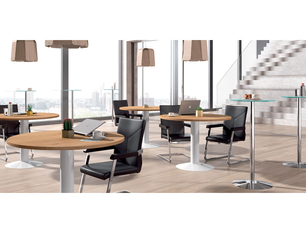 MESA DE REUNIAO ROCADA MEETING 3005ATW01 ESTRUTURA COLUNA ACO BRANCO TABULEIRO EM MADEIRA FAIA 100 CM DIAMETRO