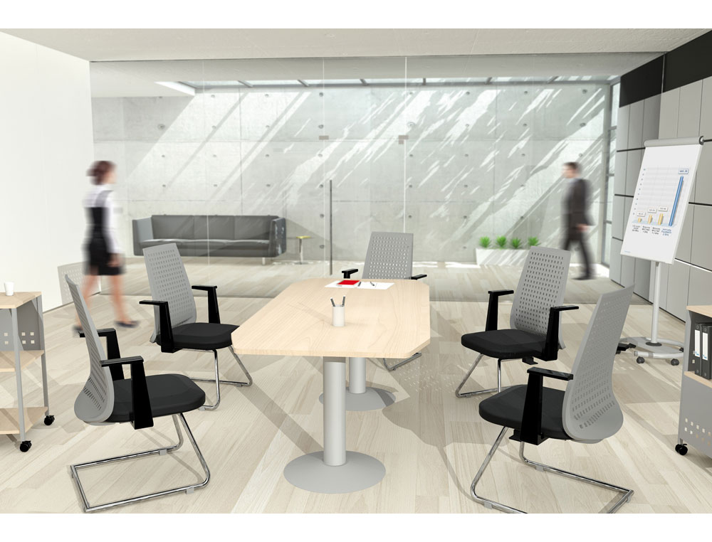 MESA DE REUNIAO ROCADA MEETING 3003ATW02 ESTRUTURA COM COLUNA DUPLO ACO BRANCO TABULEIRO EM MADEIRA CINZA 220X100X72 CM