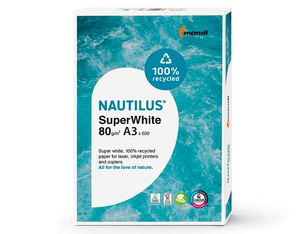 PAPEL FOTOCOPIA NAUTILUS SUPERWHITE 100% RECICLADO DIN A3 80 GR EMBALAGEM DE 500 FOLHAS