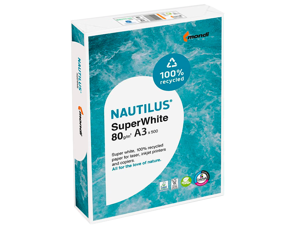 PAPEL FOTOCOPIA NAUTILUS SUPERWHITE 100% RECICLADO DIN A3 80 GR EMBALAGEM DE 500 FOLHAS