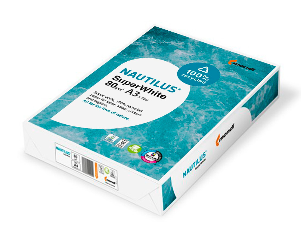 PAPEL FOTOCOPIA NAUTILUS SUPERWHITE 100% RECICLADO DIN A3 80 GR EMBALAGEM DE 500 FOLHAS