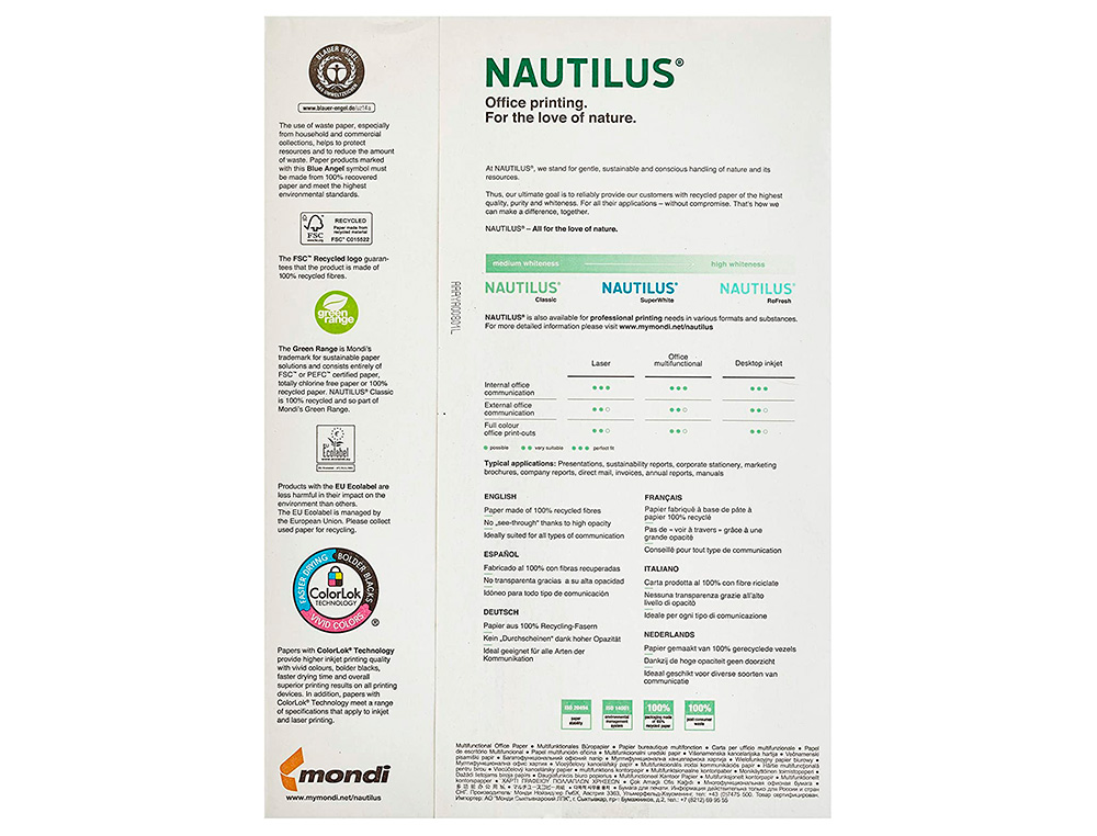 PAPEL FOTOCOPIA NAUTILUS SUPERWHITE 100% RECICLADO DIN A3 80 GR EMBALAGEM DE 500 FOLHAS