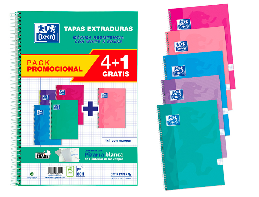 CADERNO ESPIRAL OXFORD CAPA EXTRADURA FOLIO 80 FOLHAS QUADRICULA 4 MM WRITE&ERASE QUADRO PACK 4+1 UNIDADES CORES TENDENC