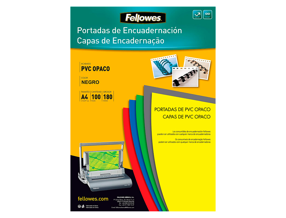CAPA DE ENCADERNACAO FELLOWES PVC DIN A4 OPACA PRETA 180 MICRONS PACK DE 100 UNIDADES