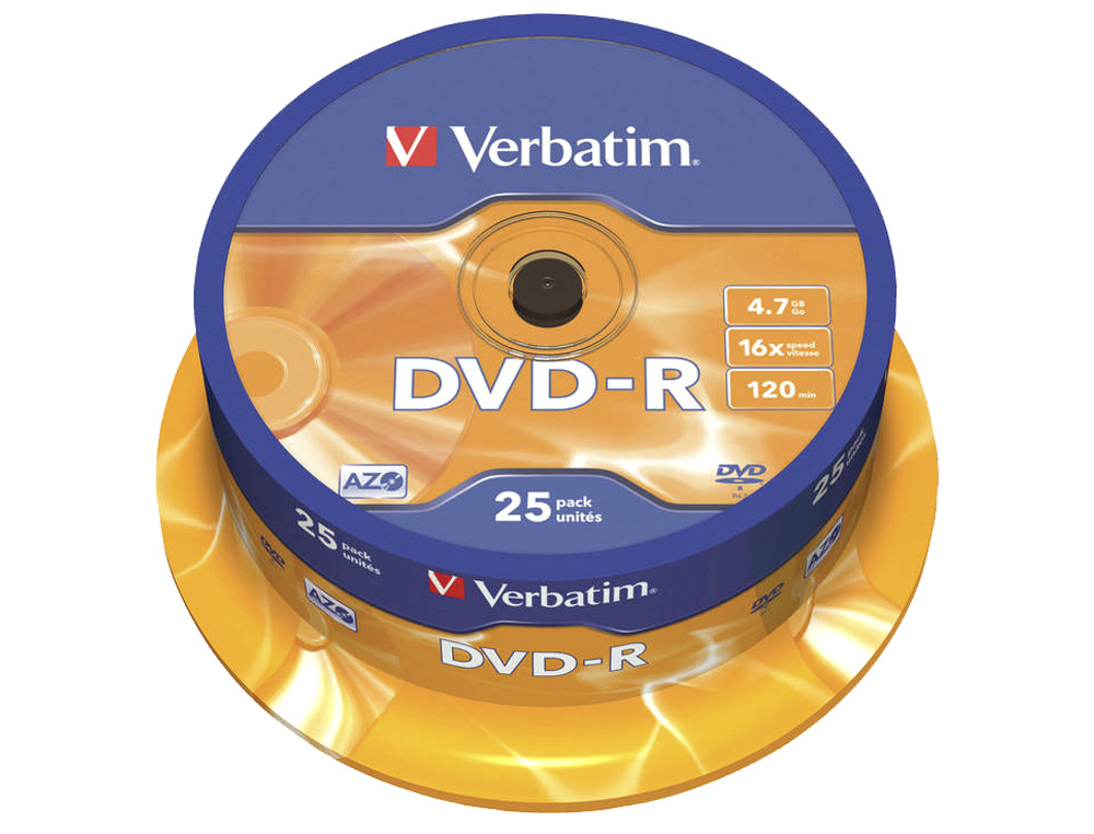 DVD-R VERBATIM CAPACIDADE 4.7GB VELOCIDADE 16X 120 MIN TORRE DE 25 UNIDADES