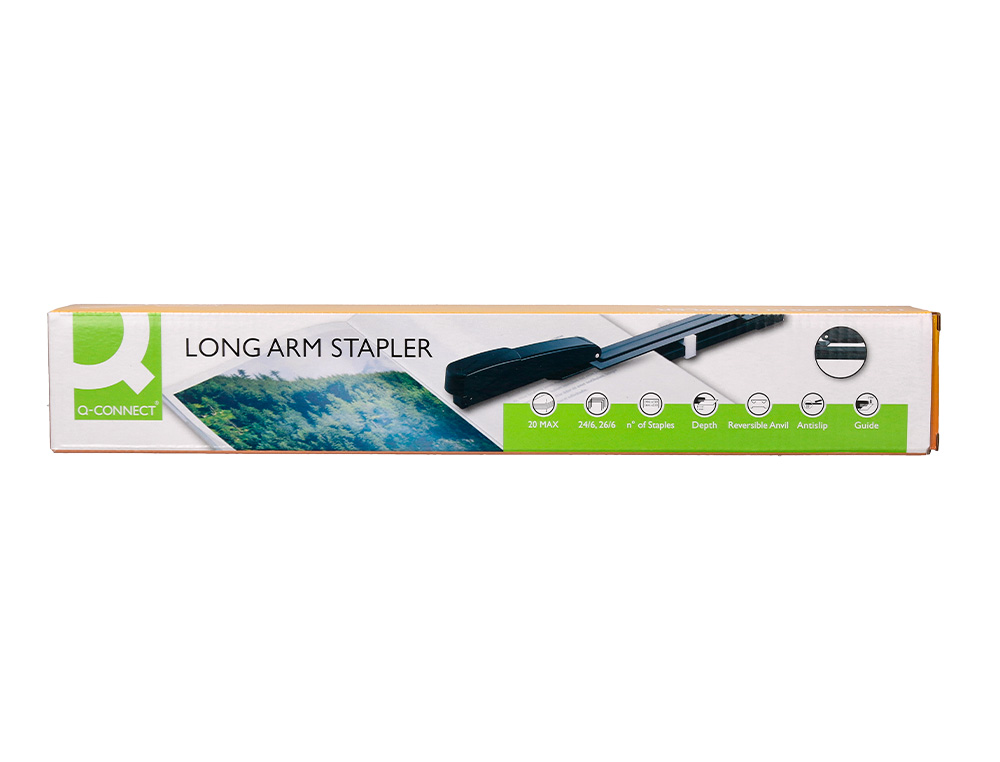 AGRAFADOR Q-CONNECT KF02292 METALICA BRACO LARGO CAPACIDADE 20 FOLHAS USA AGRAFES 24/6 E 26/6 COR PRETA
