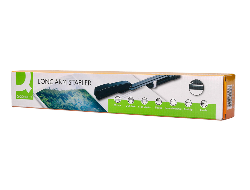 AGRAFADOR Q-CONNECT KF02292 METALICA BRACO LARGO CAPACIDADE 20 FOLHAS USA AGRAFES 24/6 E 26/6 COR PRETA