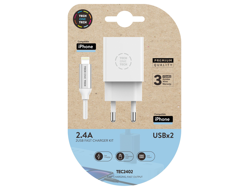 CARREGADOR TECH ONE TECH 2.4 DUPLO USB + CABO BRAIDED NYLON MICRO USB APPLE COMPRIMENTO 1 MT COR BRANCO