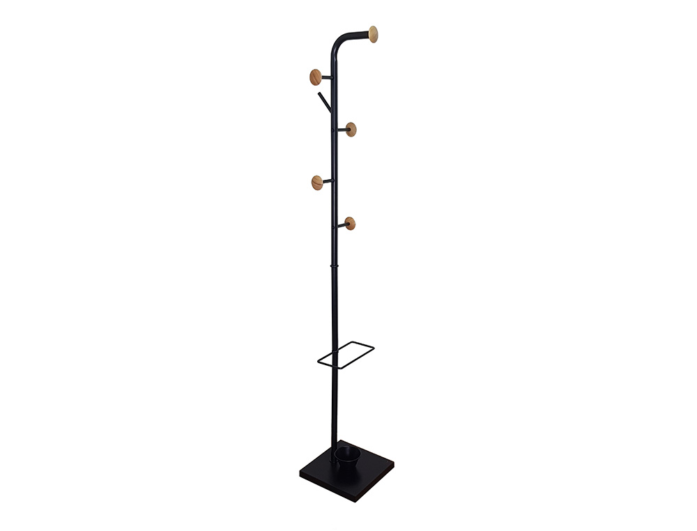 CABIDE METALICO Q-CONNECT PRETO COM DETALHES DE MADEIRA 6 SUPORTES E PORTA GUARDA CHUVAS 174X28,5 CM