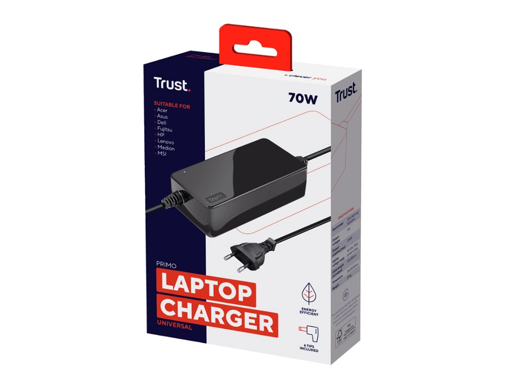 ADAPTADOR DE CORRENTE TRUST PRIMO UNIVERSAL PARA PORTATIL 70 W COM 6 CONECTORES