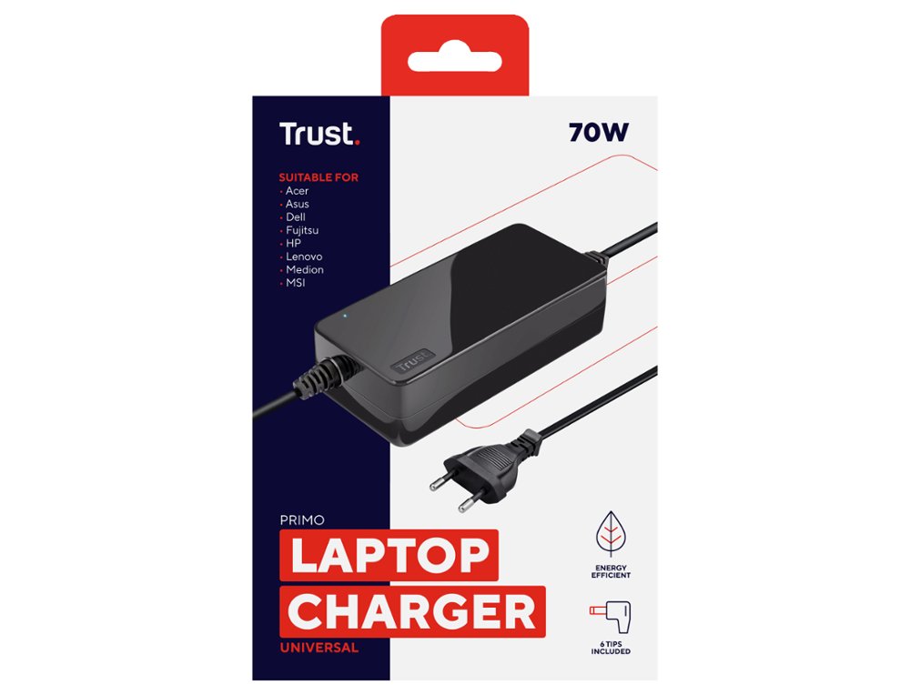ADAPTADOR DE CORRENTE TRUST PRIMO UNIVERSAL PARA PORTATIL 70 W COM 6 CONECTORES