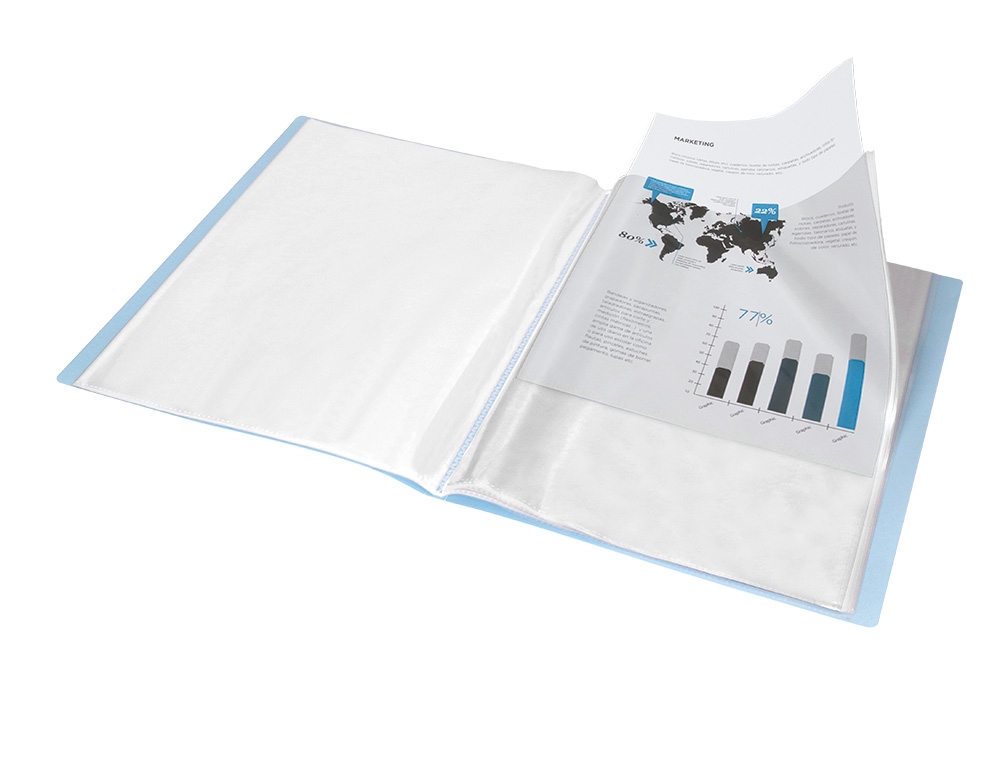 CAPA CATALOGO LIDERPAPEL 60 BOLSAS POLIPROPILENO DIN A4 CELESTE OPACO