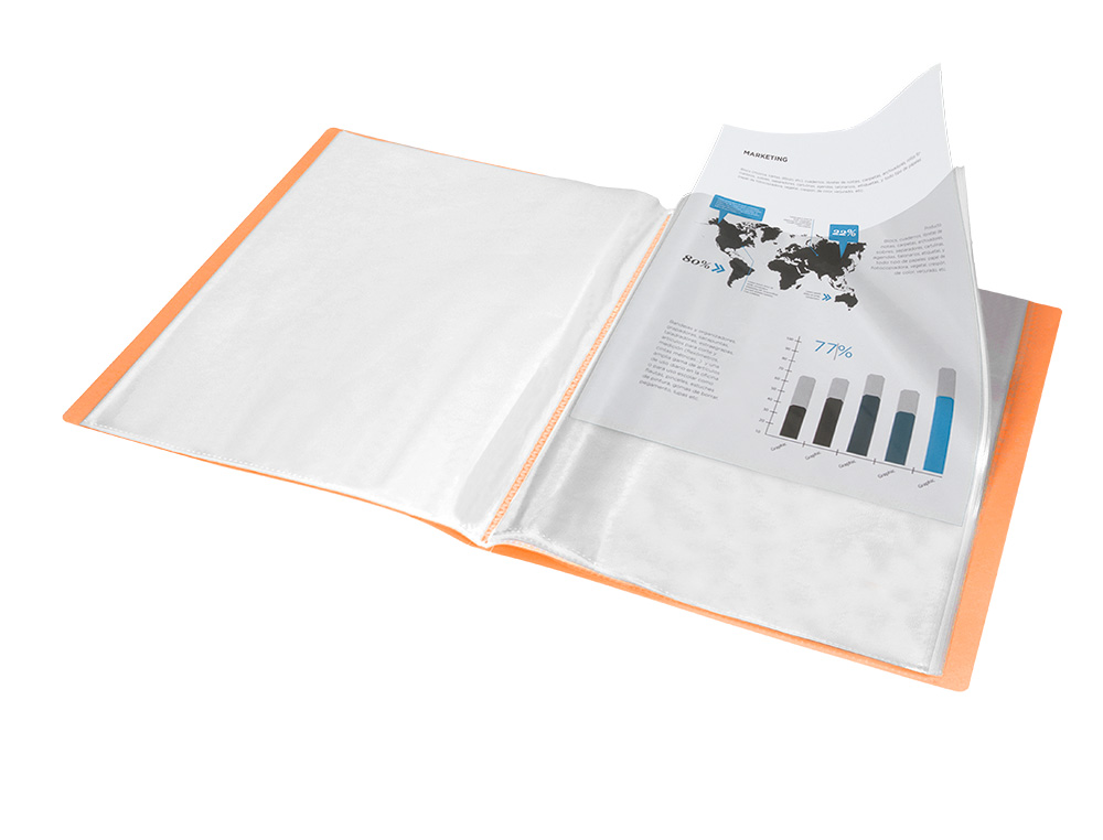 CAPA CATALOGO LIDERPAPEL 80 BOLSAS POLIPROPILENO DIN A4 LARANJA FLUOR OPACO