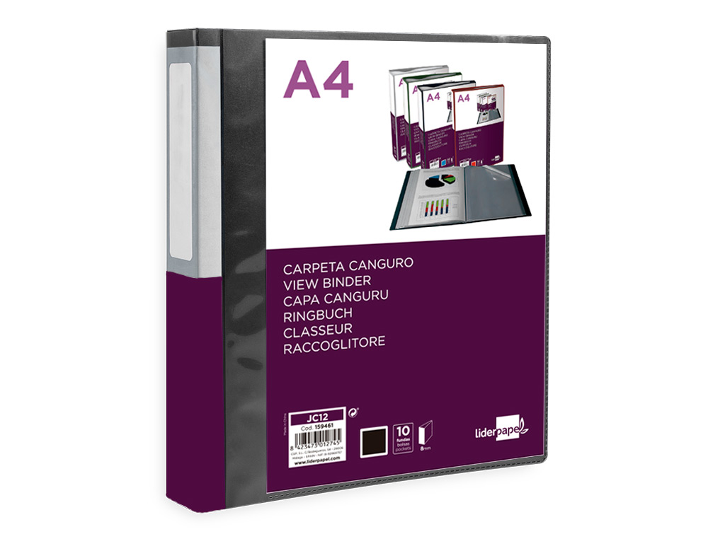 PASTA CANGURU LIDERPAPEL 10 BOLSAS POLIPROPILENO DIN A4 PRETO OPACO CAPA E LOMBADA PERSONALIZAVEL