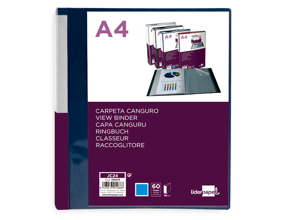 PASTA CANGURU LIDERPAPEL 60 BOLSAS POLIPROPILENO DIN A4 AZUL TRANSLUCIDO CAPA E LOMBADA PERSONALIZAVEL