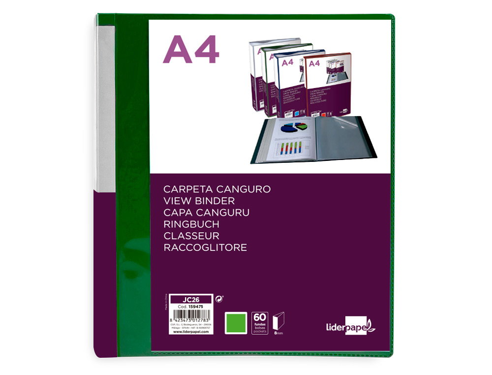 PASTA CANGURU LIDERPAPEL 60 BOLSAS POLIPROPILENO DIN A4 VERDE TRANSLUCIDO CAPA E LOMBADA PERSONALIZAVEL