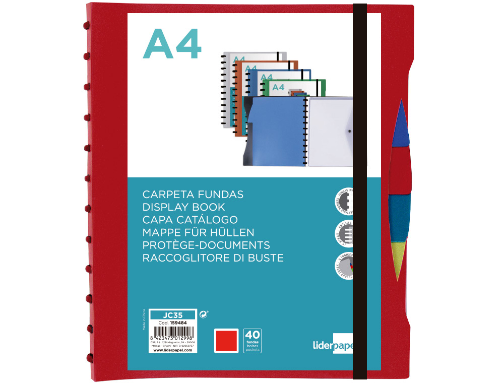 PASTA LIDERPAPEL A4 COM 40 BOLSAS INTERCAMBIAVEIS 5 SEPARADORES ENVELOPE E ELASTICO CAPA E LOMBADA PERSONALIZAVEL VERMEL
