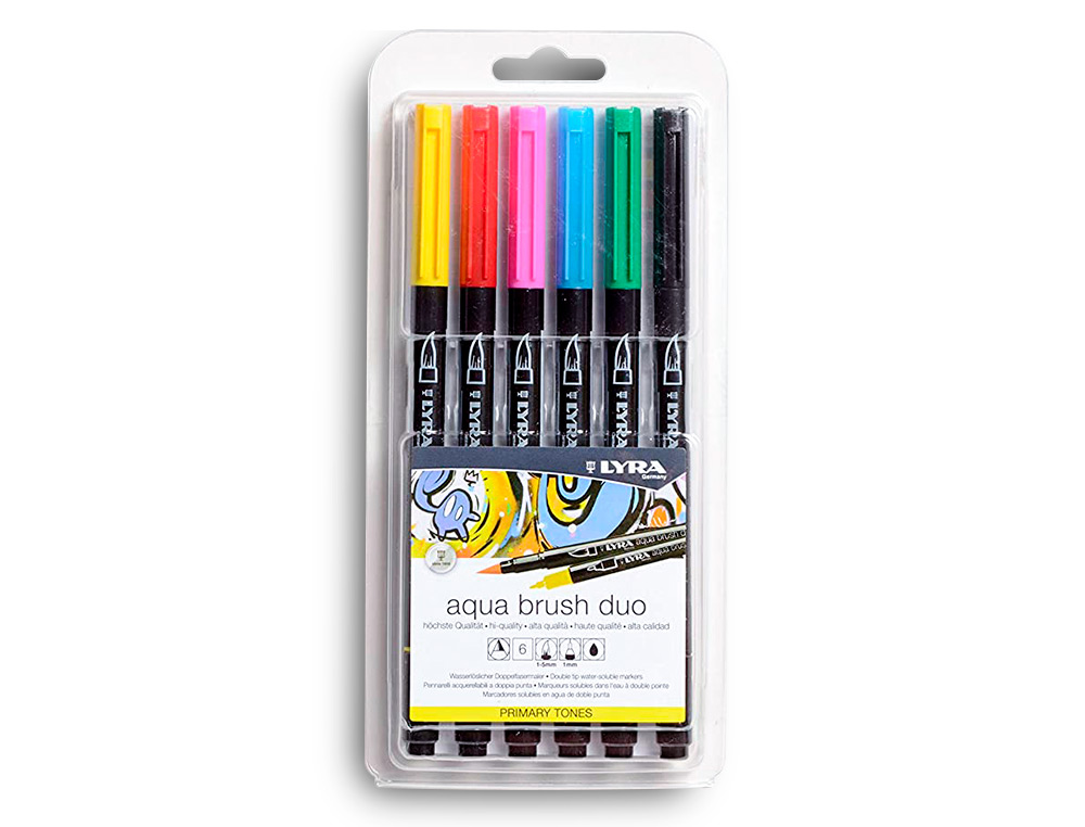 MARCADOR LYRA AQUA BRUSH AGUARELAVEL DUPLA PONTA E PINCEL TONS PRIMARIOS BLISTER DE 6 UNIDADES SORTIDAS