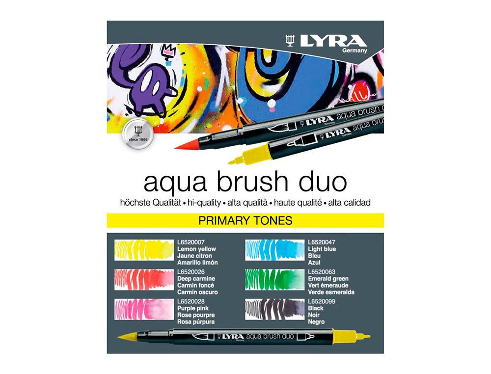 MARCADOR LYRA AQUA BRUSH AGUARELAVEL DUPLA PONTA E PINCEL TONS PRIMARIOS BLISTER DE 6 UNIDADES SORTIDAS