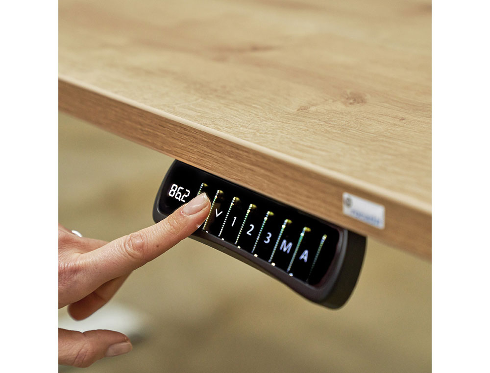 MESA ROCADA REGULAVEL EM ALTURA ELECTRICAMENTE ATE 129 CM ESTRUTURA DE ACO NO TAMPO 160 CM COR FAIA