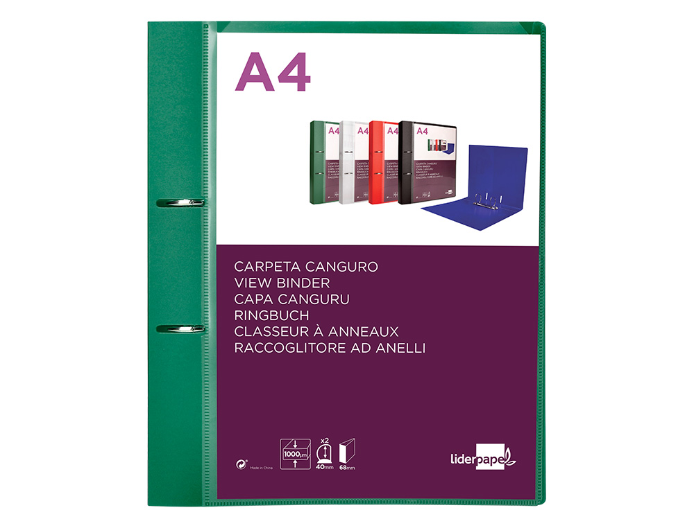 PASTA CANGURU LIDERPAPEL POLIPROPILENO DIN A4 2 ANEIS 40 MM MISTOS VERDE TRANSLICUDO