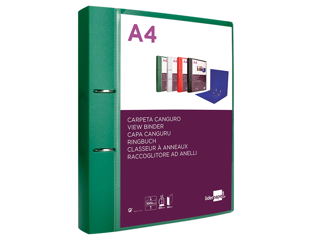 PASTA CANGURU LIDERPAPEL POLIPROPILENO DIN A4 2 ANEIS 40 MM MISTOS VERDE TRANSLICUDO