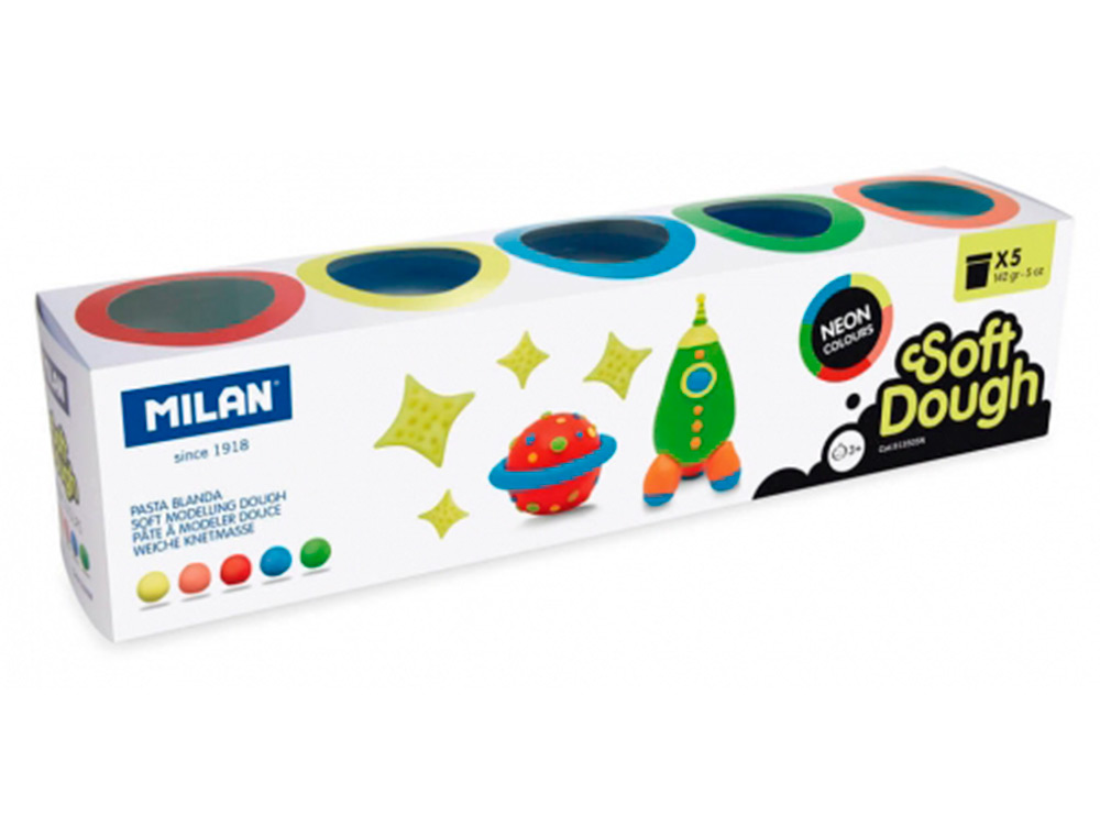 PLASTICINA MILAN PARA MODELAR SOFT DOUGH NEON CAIXA DE 5 FRASCOS CORES SORTIDAS 142 G