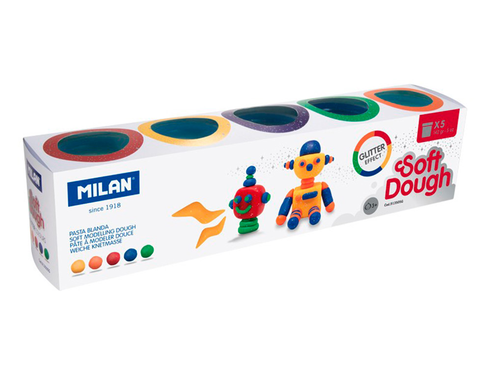 PLASTICINA MILAN PARA MODELAR SOFT DOUGH GLITTER CAIXA DE 5 FRASCOS CORES SORTIDAS 142 G