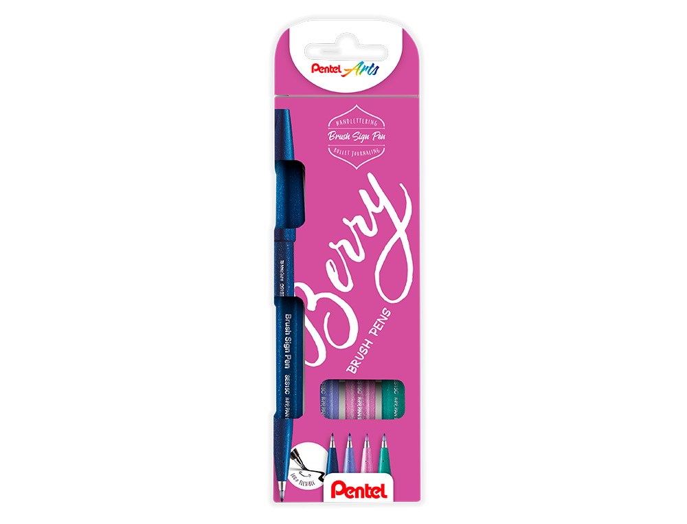 CANETA PINCEL PENTEL TOUCH EM BLISTER DE 4 CORES BERRY AZUL PRETO VIOLETA AZUL VERDE TURQUESA ROSA VIOLETA
