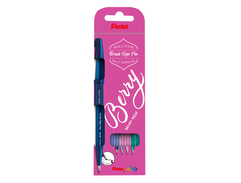 CANETA PINCEL PENTEL TOUCH EM BLISTER DE 4 CORES BERRY AZUL PRETO VIOLETA AZUL VERDE TURQUESA ROSA VIOLETA